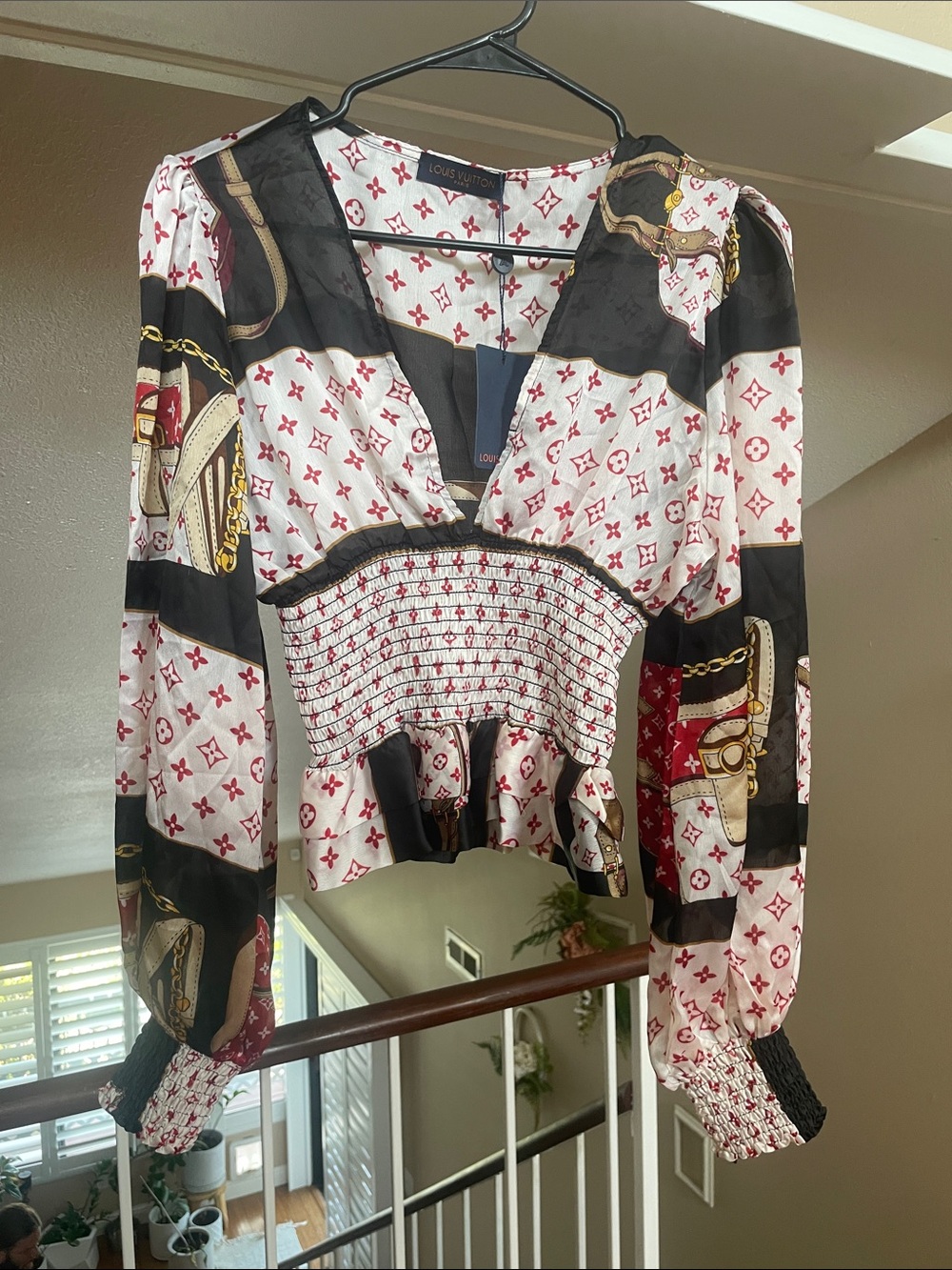 Louis Vuitton Black, White & Red Silk-Blend Smocked Waist Long Sleeve Top